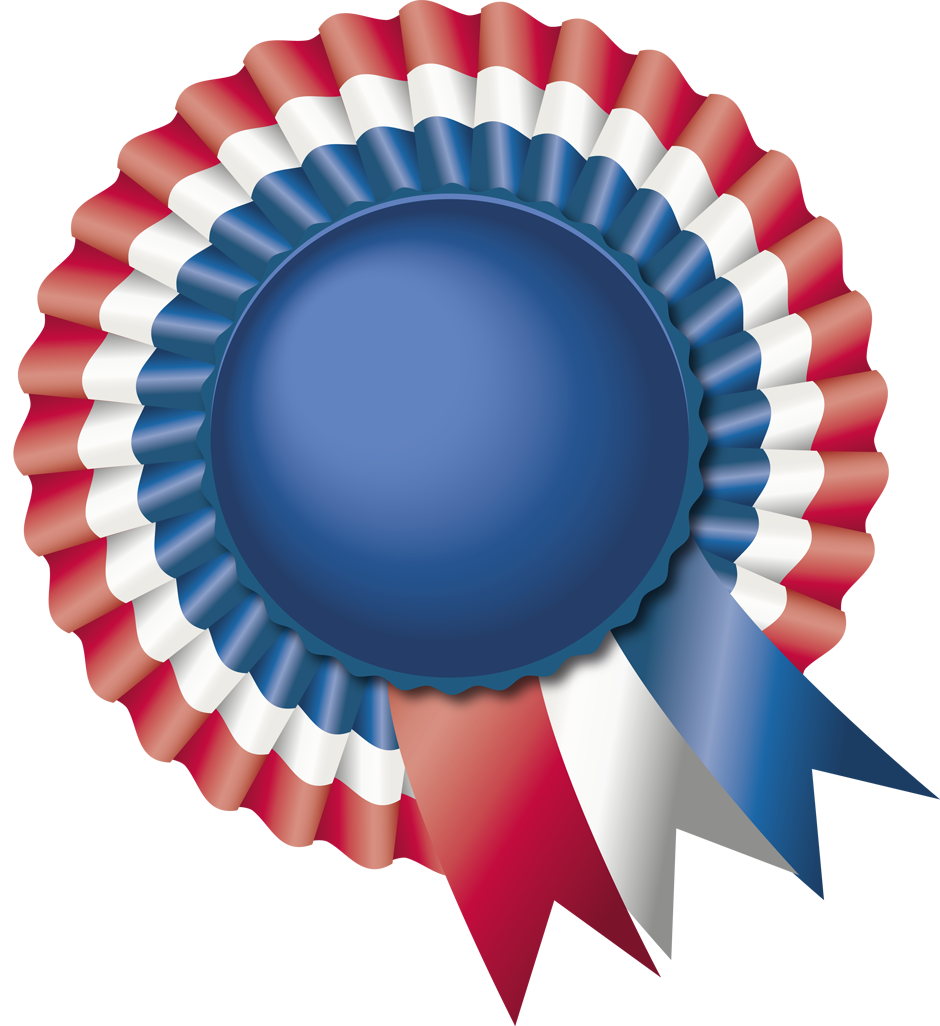 Blau, weiß und rote Siegerrosette.